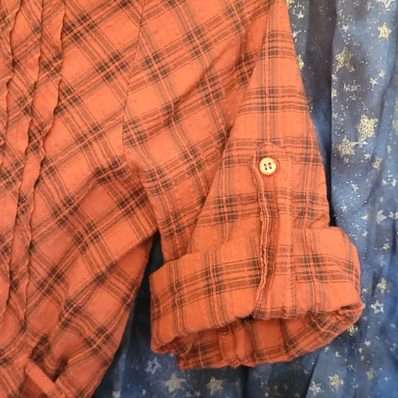 🍂3/$10 Piper&Blue Orange+Black Plaid Button-down Top w/ Tab Sleeves & Tie-Waist - Picture 7 of 13